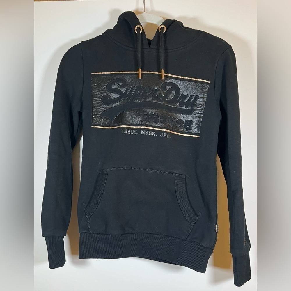 Superdry logo black hoodie heavyweight gold accents sz 4 womens streetwear